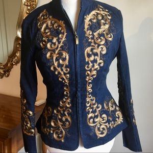 Blue and gold brocade jacket blazer with zipper